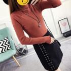 Plain Turtle-neck Slim-fit Long-sleeve Knit Top