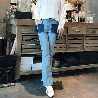 Contrast Pocket Bell-bottom Jeans