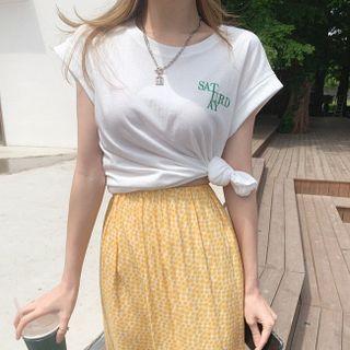 Cuffed-sleeve Letter Embroidered Top