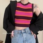 Striped Knit Crop Tank Top Stripes - Pink & Black & Tangerine - One Size