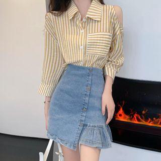 Cold-shoulder Elbow Sleeve Two-tone Striped Shirt