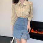 Cold-shoulder Elbow Sleeve Two-tone Striped Shirt