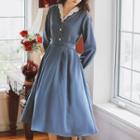 Faux Pearl Button Long-sleeve A-line Midi Dress