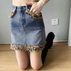 Fitted Leopard Furry Trim Mini Denim Skirt