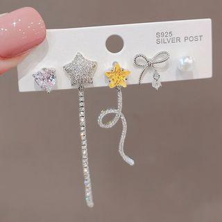 Set Of 5: Star / Bow / Faux Pearl / Heart Faux Crystal Alloy Earring (various Designs) Set Of 5 - Ly2655 - Earrings - Silver - One Size