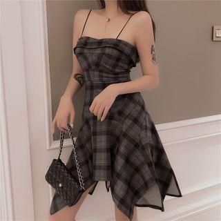 Spaghetti Strap Plaid A-line Layered Dress