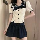 Sailor Collar Puff-sleeve Blouse / Mini A-line Skirt