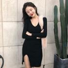 V-neck Long-sleeve Mini Slit Sheath Dress
