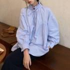 Long-sleeve Ruffled Tie-neck Blouse Blue - One Size