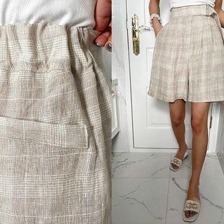Plaid Linen Wide Shorts Beige - One Size