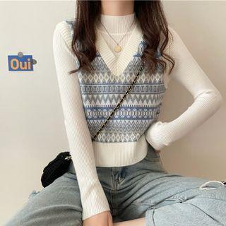 Long-sleeve Mock-neck Knit Top / Jacquard Sweater Vest