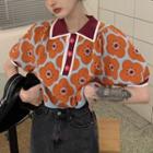 Elbow-sleeve Floral Print Knit Polo Shirt Orange & Gray - One Size