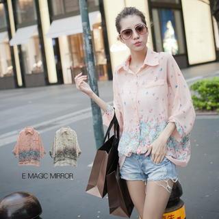 Loose-fit Floral Chiffon Blouse Pink - One Size