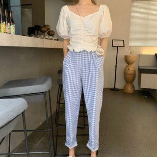 Puffy Short-sleeve Ruched Blouse / Gingham Straight-cut Pants