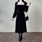 Lace-trim Velvet Long Dress Black - One Size