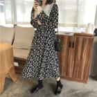 Lace Collar Floral Long-sleeve Midi A-line Dress Black - One Size