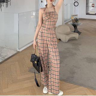 Halter-neck Plaid Camisole Top / Wide Leg Pants
