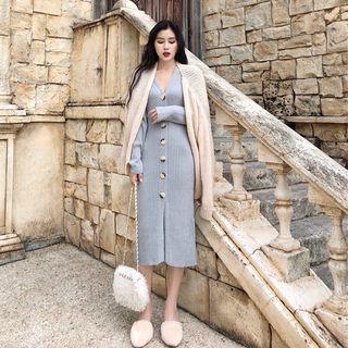 Open-front Cardigan / Long-sleeve Button-front Midi Knit Dress