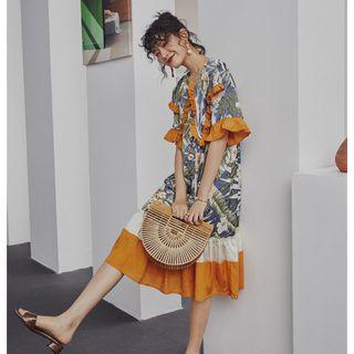 Bell-sleeve Midi Floral Collared Dress