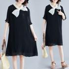 Bow Accent Elbow-sleeve Chiffon Dress As Shown In Figure - One Size