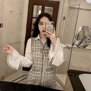 Set: Plain Long-sleeve Shirt + Tweed Tank Dress