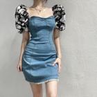 Puff-sleeve Floral Print Denim Frayed Mini Bodycon Dress