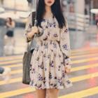 Floral Long-sleeve A-line Chiffon Dress