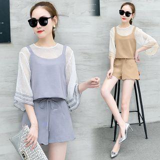 Set: 3/4 Sleeve Chiffon Top + Camisole Top + Scallop Hem Shorts