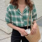Short-sleeve Plaid Blouse Plaid - Green - One Size