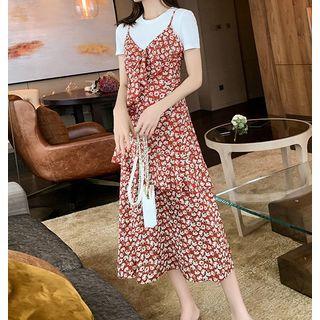 Set: Short-sleeve T-shirt + Spaghetti Strap Floral Midi A-line Dress