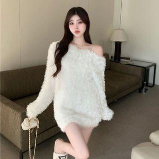 Fluffy Cold-shoulder Sweater