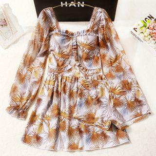 Set: Long-sleeve Leaf Print Swimdress + Swim Shorts
