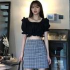 Short-sleeve Cropped Blouse / Gingham Mini Skirt