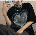 Short Sleeve Round Neck Oversized Geometric Heart Print T-shirt