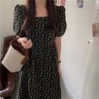Floral Square-neck Lantern Sleeve Dress