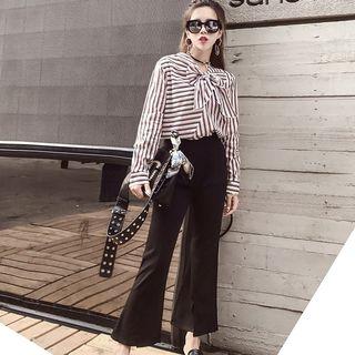 Set: Bow Accent Pinstriped Shirt + Slit-front Boot Cut Pants