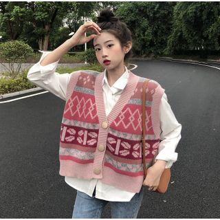 Button-up Pattern Sweater / Plain Shirt