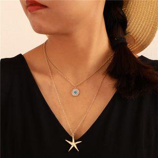 Alloy Starfish Turquoise Disc Pendant Layered Necklace A35405 - One Size
