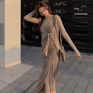 Spaghetti Strap Slit Midi A-line Dress / Jacket