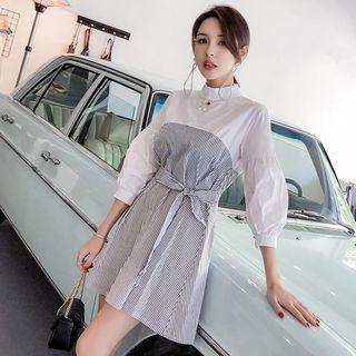 Striped Panel Long Sleeve Band Collar Dress