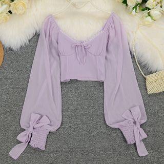 Chiffon Puff-sleeve Cropped Top