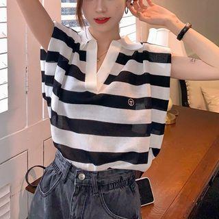 Cap-sleeve Striped Polo Knit Top
