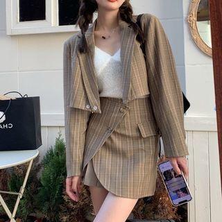 Knit Camisole Top / Plaid Cropped Blazer / Plaid Asymmetrical A-line Skirt