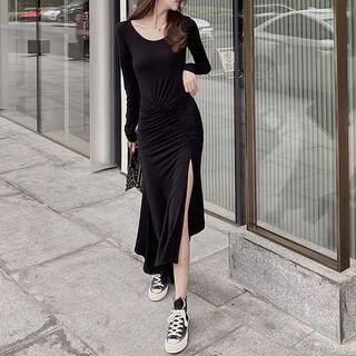 Long-sleeve Slit-hem Midi Mermaid Dress