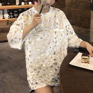 3/4-sleeve Heart Print Velvet T-shirt