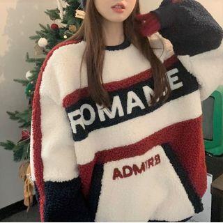 Lettering Fleece Striped Sweatshirt Navy Blue & Red - One Size