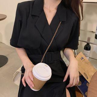 Short-sleeve Open-collar Belted Midi A-line Dress