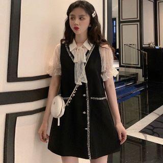 Balloon-sleeve Mesh Ruffled A-line Dress