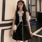 Balloon-sleeve Mesh Ruffled A-line Dress