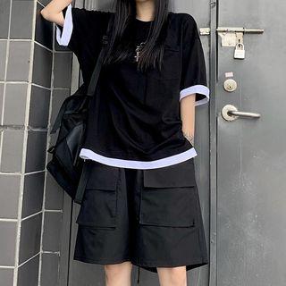 Contrast Trim Short-sleeve T-shirt / Cargo Shorts / Set